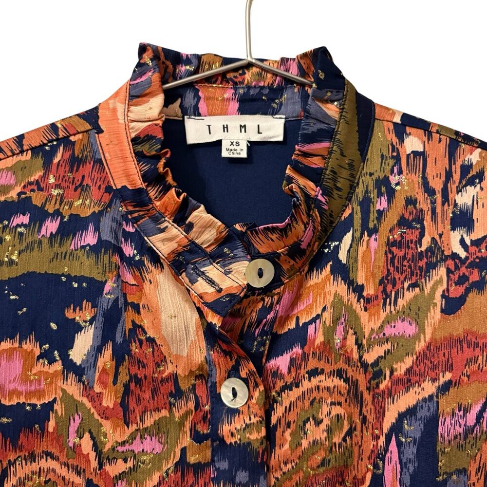THML Navy Multicolor Metallic Print Ruffle Collar Button Down Mini Dress XS - Picture 3 of 8